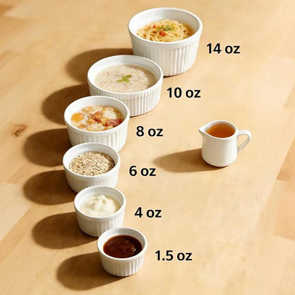 Cinf White 14 oz Set of 4 Souffle Dishes Ramekins Oven Microwave Safe Bowls Creme Brulee Set Sauce Cups for Baking Cooking Dessert Porcelain Pudding Cups