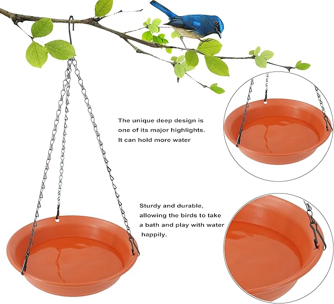 VUWEZ Hanging Bird Bath, Hanging Bird Water Feeder for Outdoors, Feeder Bowl, 1 Pack Birdbath Tray Accessories for Outside, Plastic Birdbaths Tray for Garden Patio Decoration (12", Terra Cotta)