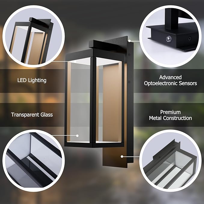 Outdoor Wall Sconce, Dusk to Dawn Outdoor Wall Lights, Waterproof Porch Lanterns Decorative, Anti-Rust Exterior Light in Wood Grain Finish & Black Finish for House Patio Garage Entryway Doorway