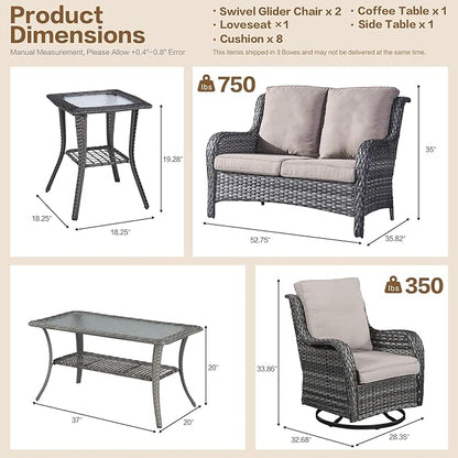 5 Pieces Outdoor Patio Furniture Conversation Set PE Rattan Wicker with 2 Swivel Glider Rocker Chairs, 2 Coffee Table and 1 Loveseat for Yard Backyard Poolside (Grey/Beige)