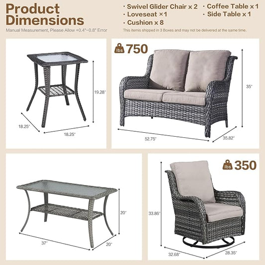 5 Pieces Outdoor Patio Furniture Conversation Set PE Rattan Wicker with 2 Swivel Glider Rocker Chairs, 2 Coffee Table and 1 Loveseat for Yard Backyard Poolside (Grey/Beige)