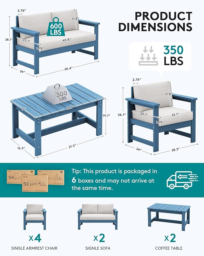 SERWALL 8 Pieces HDPE Outdoor Conversation Sofa Set with Cushions, All Weather Use Couch Loveseat Furniture with Side Table for Balcony, Deck, Poolside, BlueFrame with Khaki Cushions