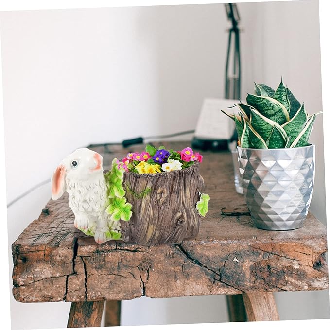 BESPORTBLE Bunny Stump Flower Pot Small Resin Planter for Outdoor and Indoor Gardening Decorative Desktop Ornament Drainage Cute Bunny Design