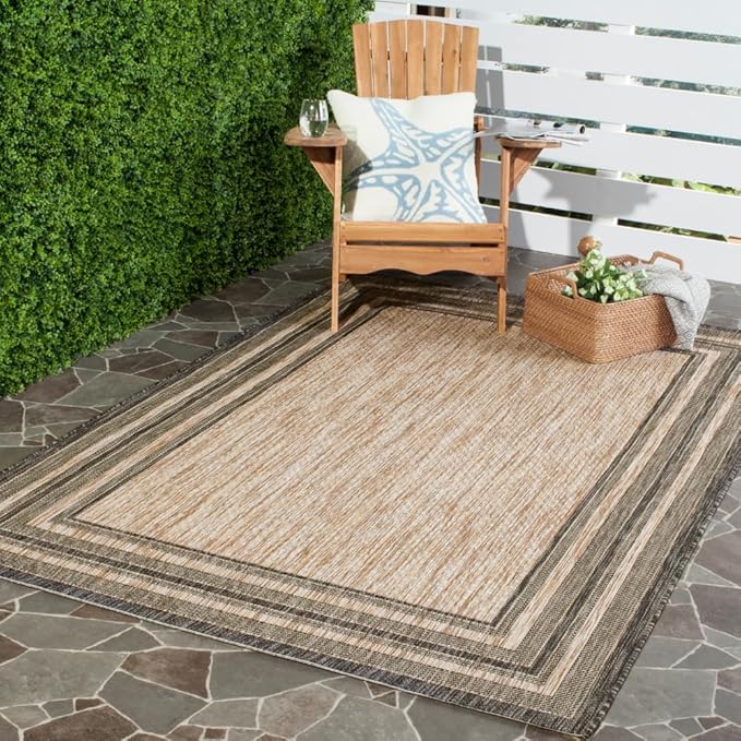 SAFAVIEH Courtyard Collection 4' x 5'7" Natural / Black CY8475 Indoor/ Outdoor Waterproof Easy-Cleaning Patio Backyard Mudroom Accent-Rug