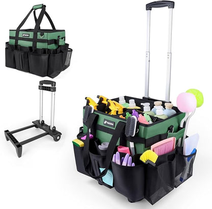 Large Rolling Cleaning Caddy Bag with Wheels, Cleaning Bag with Detachable Trolley, Cleaning Bags on Wheels for Housekeepers, Cleaning Cart Supplies Organizer for Home, Car, Picnic (Green)