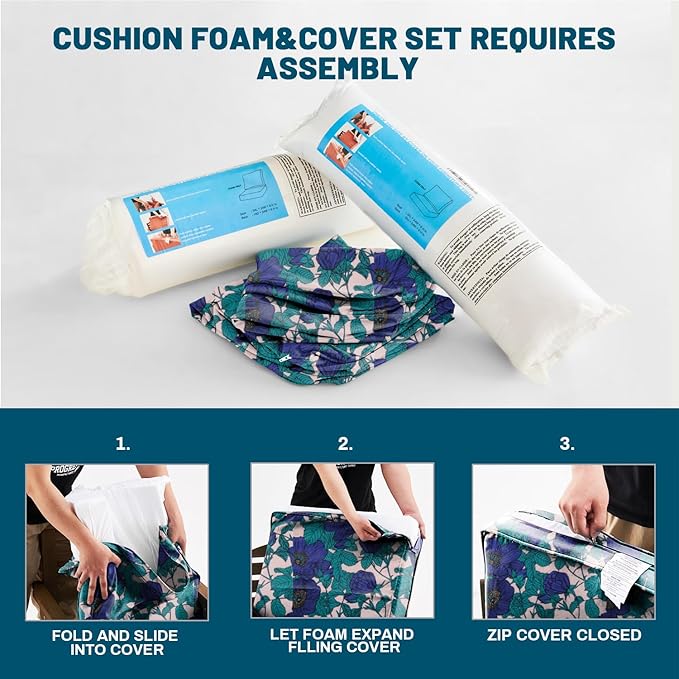 ARTPLAN 24x24 Deep Seat Patio Cushions for Outdoor Furniture,Extra 6 inch Thick,Back 18"x24",Removable,Replacement,Polyester Floral Pattern,Outdoor/Indoor,Blue Flowers