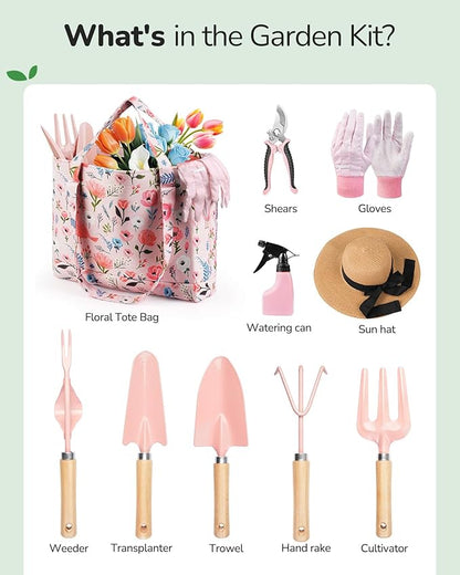 Grenebo Gardening Tools, 10-Piece Gardening Gift Set for Women, Rust-Proof & Heavy-Duty Tools with Floral Organizer Bag, Fashionable & Thoughtful Gift for Garden Women (Pink Red)