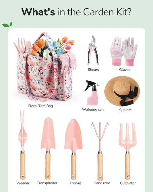 Grenebo Gardening Tools, 10-Piece Gardening Gift Set for Women, Rust-Proof & Heavy-Duty Tools with Floral Organizer Bag, Fashionable & Thoughtful Gift for Garden Women (Pink Red)