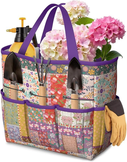Boho Garden Tool Bag - Waterproof Floral Garden Tote with 8 Pockets, Large Storage Home Organizer Gardening Tool Oxford Bag for Garden Tools Kits Holder, Ideal Outdoor Gardening Gift for Women & Men