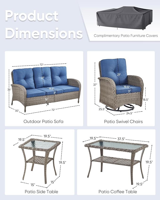 5 Pieces Wicker Patio Furniture Set-Outdoor Swivel Rocker Patio Chairs Patio Sofa Set with Tempered Glass Top Outdoor Coffee Table for Deck Lawn Porch Balcony Poolside-Grey/Blue