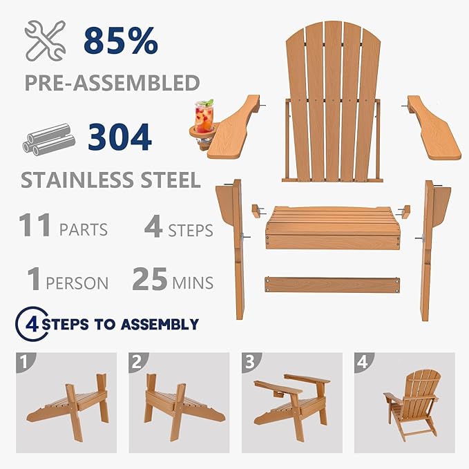 Plawdlik Folding Adirondack Chair, Cup Holder,SGS Tested, Wooden Textured, Heavy All-Weather HDPE Comfortable Set Poolside Backyard Lawn Teak Set 2