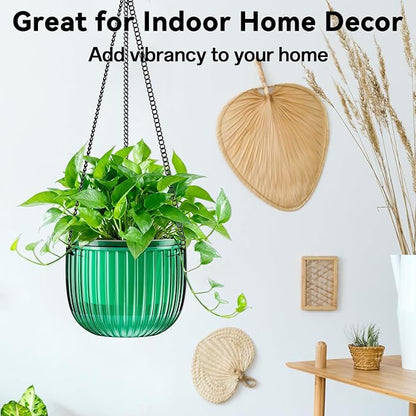 Halatool 2 Pack Self Watering Hanging Planters for Plants, 8.3 Inch Hanging Baskets, 3 Hooks Plant Hangers with Drainage Holes for Gardening (Green)