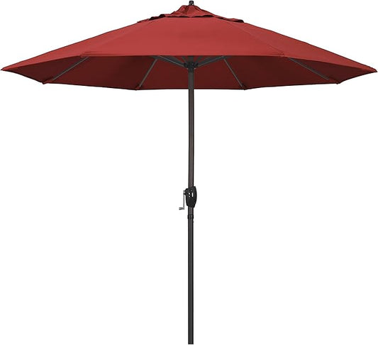 California Umbrella 9' Round Aluminum Outdoor Deck, Pool or Patio Umbrella, Crank Lift, Auto Tilt, Bronze Pole, Red Olefin