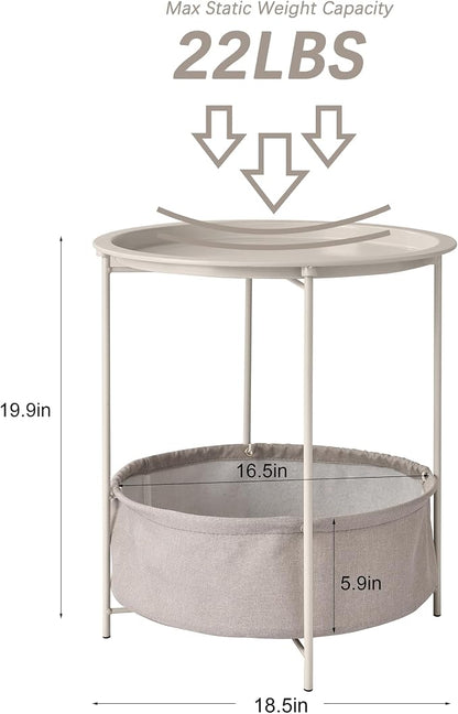 VECELO Round Side/End Table with Fabric Storage Basket，Metal Anti-Rust and Waterproof Small Bedside Nightstand with Removable Tray Top for Living Room，Balcony & Laundry，Grey /1pcs with Basket