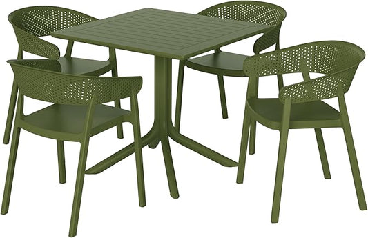 Costaelm 5-Piece Outdoor Dining Set, HDPE Patio Square Bistro Table and Stackable Chairs Sets for 4, Outdoor Furniture All Weather for Backyard Poolside, Olive Green