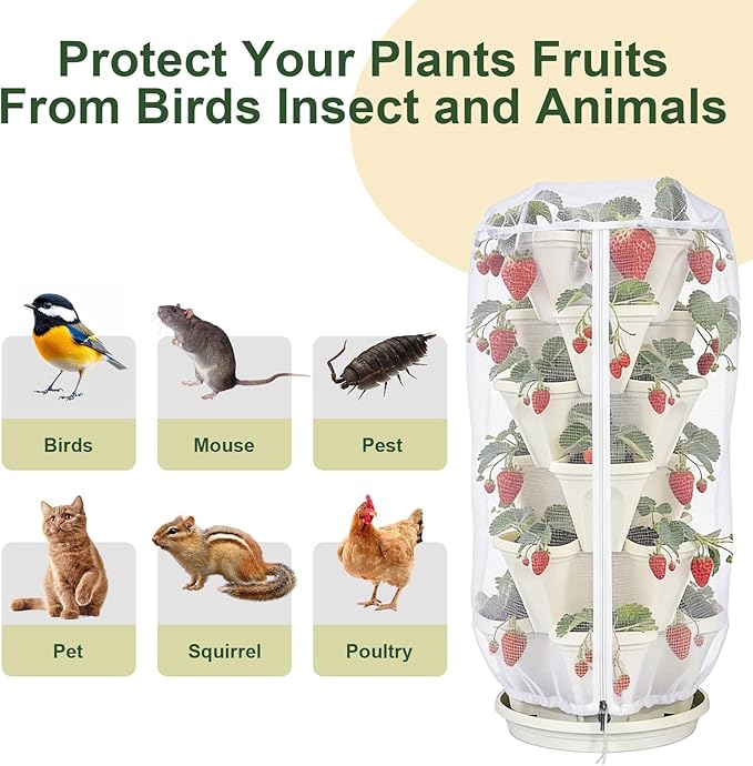 3Pack 41" x 20" Vertical Strawberry Pot Netting, Plant Pot Insect Netting with Zipper & Drawstring, Stackable Bird Barrier Planter Pot Garden Net Round Cover for Strawberry Fruit Vegetable from Animal