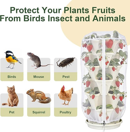 3Pack 41" x 20" Vertical Strawberry Pot Netting, Plant Pot Insect Netting with Zipper & Drawstring, Stackable Bird Barrier Planter Pot Garden Net Round Cover for Strawberry Fruit Vegetable from Animal