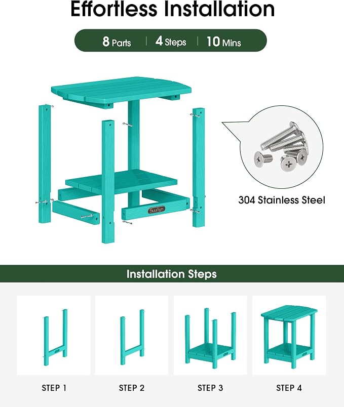 Outdoor Side Table, HDPE Small Outdoor Table, Adirondack Side Tables, Outside End Tables for Patio, Porch, Deck, Pool, Weather Resistant (Lake Blue)