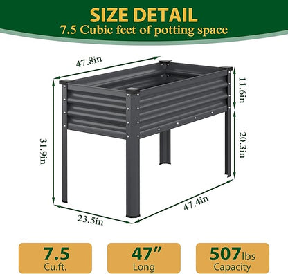 MUPATER Galvanized Steel Raised Garden Bed with Legs, 48" L x 24" W x 32" H Large Metal Elevated Raised Planter Box with Detachable Black Liner for Backyard, Garden, Balcony, Gray