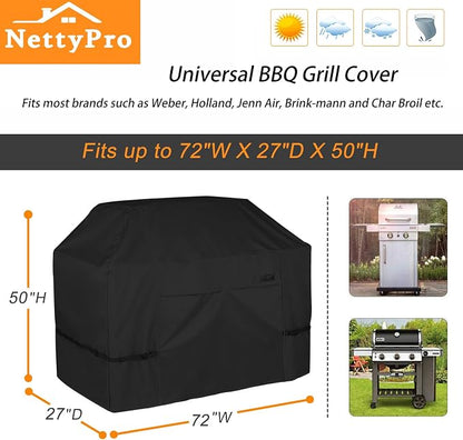NettyPro Grill Cover for Outdoor Grill 72 inch Waterproof Heavy Duty Gas BBQ Grill Cover for Outside Weber, Char-Broil, Brinkmann, Jenn Air, Nexgrill 3-5 Burners Barbecue, Black