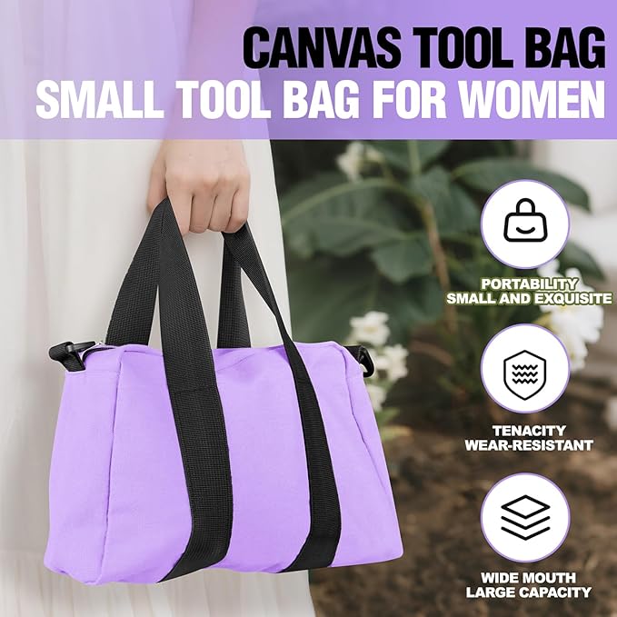 Small Tool Bag, Canvas Tool Storage Bag, Large Capacity Multipurpose Zipper Soft Tote Organizer Pouch for Electrician, Plumbing, Gardening,Tools Bags for Men (Purple, 13 Inch)