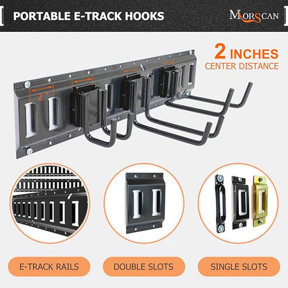 10-Pack E-Track Double Fitting J-Hooks, 2" Wide & 6" Deep Stable E Track Double J Hooks with Dual Fittings, Heavy Duty Shovel Hanger for Trailers, Trucks, Garden Tools Organizers Storage
