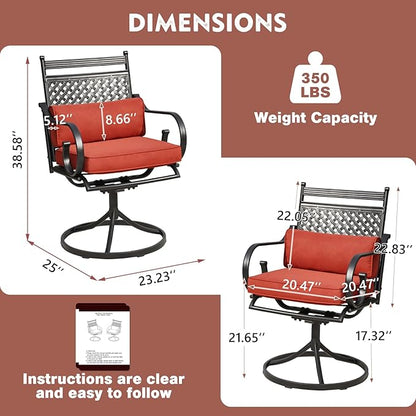 MELLCOM Patio Swivel Chair Set of 2, Heavy Duty Outdoor Dining Chairs with Cushions and Lumbar Pillows, Metal Patio Chairs Gentle Rocker for Outside, Garden Lawn & Porch, Backyard, Red