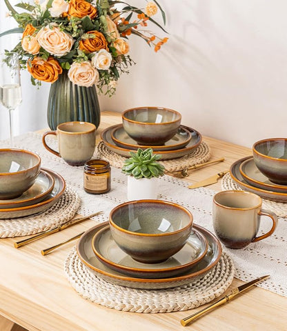 TheTerra Stoneware Dinnerware Sets for 4, 12 Pieces Ceramic Plates and Bowls Sets, Scratch Resistant Dish Set, Oven, Microwave & Dishwasher Safe, Creamy Amber