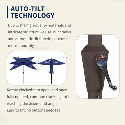 9FT 3 Tiers Patio Umbrella With Auto Tilt And Crank, Outdoor Table Market Umbrella with 8 Sturdy Ribs for Garden, Lawn, Deck, Backyard and Pool