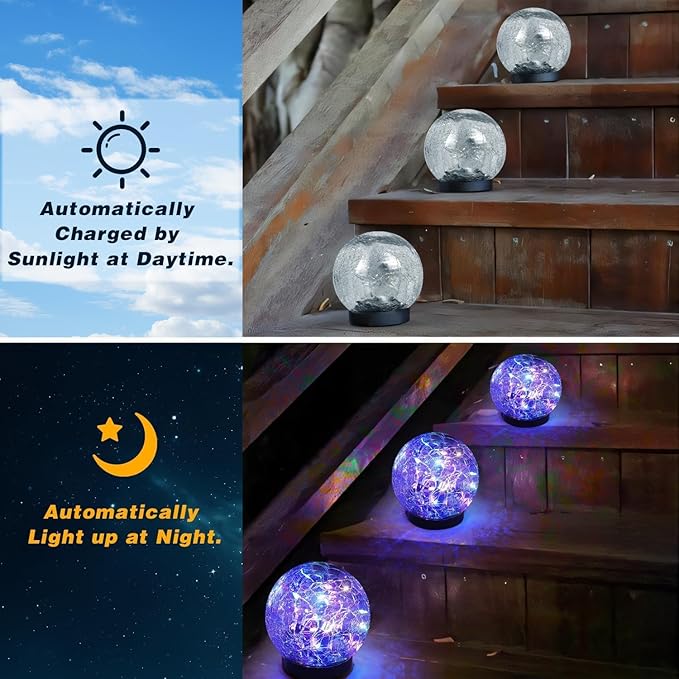 SyouHome Solar Garden Lights Outdoor Waterproof, 6 Pack Cracked Glass Ball Light, Ground Landscape Garden Decor, Solar Globe Decorative for Pathway/Patio/Lawn/Yard (Multicolor)