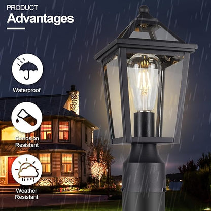 Colonial Outdoor Post Light Fixture,Modern Exterior Pillar Lantern with Black Finish & Clear Glass, Pole Light for Garden, Backyard, Courtyard, Patio, Pathway,RZ-032P-2 BK