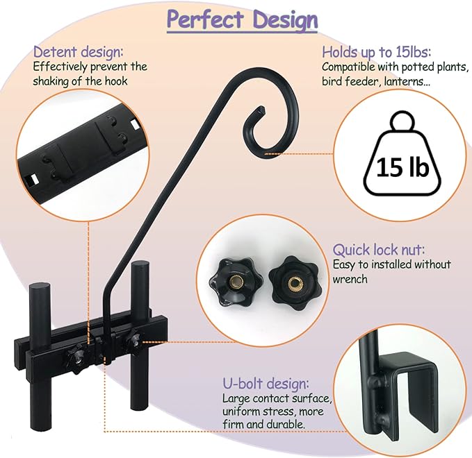 Deck Hook Rail Suitable for Hanging Flower Baskets Wind Chimes Planters Bird Feeders Lights, Heavy Duty Pole Long 16.5 inches Holds up to 15lbs with Ease（2pcs）