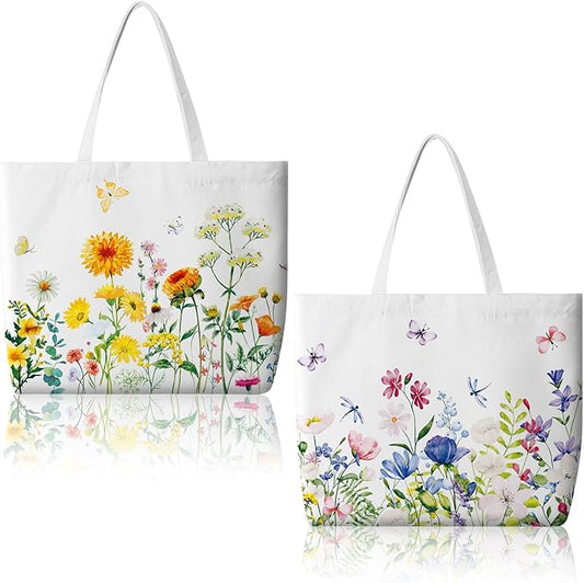 Bencailor 2 Pcs Spring Flower Canvas Tote Bags Reusable Wildflowers Herbs Plant Grocery Bags for Women Shopping Spring Gifts(Stylish)