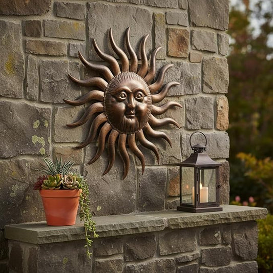 Comfy Hour 31" Sun Wall Decor, Large Metal Sun Wall Art for Outdoor Patio and Indoor Living Room, 3D Decorative Sunface Sculpture for Fence House and Yard, Artisan Crafted Iron Accent, Bronze Finish