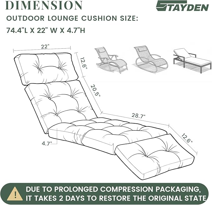 Outdoor Lounge Chair Cushions, Chaise Lounge Chair Cushions Replacement for Patio Furniture with Ties Waterproof Fabric Pool Chasie Cushion 74.4 x 22 x 4.7 Inches