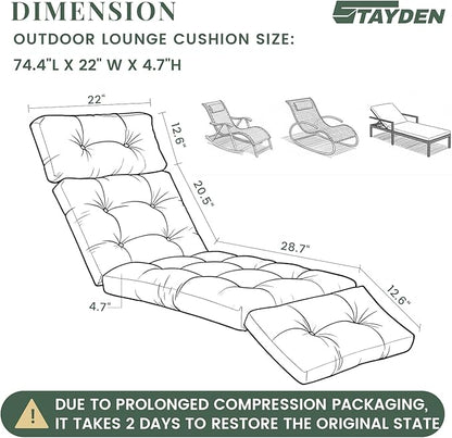 Outdoor Lounge Chair Cushions, Chaise Lounge Chair Cushions Replacement for Patio Furniture with Ties Waterproof Fabric Pool Chasie Cushion 74.4 x 22 x 4.7 Inches