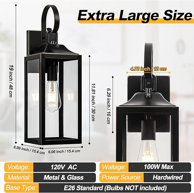 Large Dusk to Dawn Outdoor Wall Light, 19" Black Outside Farmhouse Wall Sconce, Industrial Wall Mount Light Fixture, Waterproof Modern Porch Lighting Exterior Lamp for House -with Gold Trim