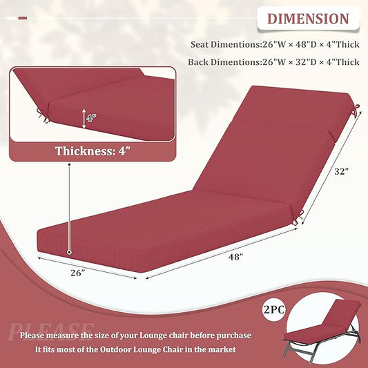 2 Pcs Chaise Lounge Cushions Outdoor, 80" L X 26" W X 4" D Lounge Chair Cushions for Outdoor Furniture, High-Density Foam Patio Chaise Cushion-Waterproof Fade-Resistant ThickPatio lounge chair cushion