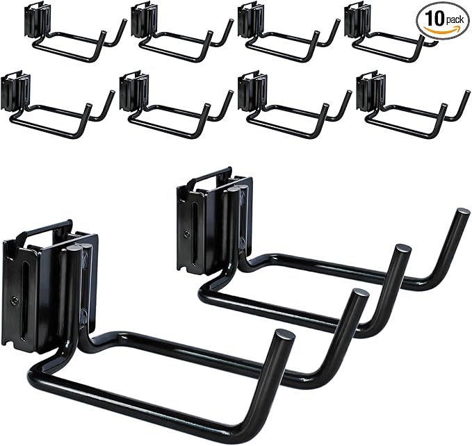 10-Pack E-Track Double Fitting J-Hooks, 4" Wide & 5.5" Deep Stable E Track Double J Hooks with Dual Fittings, Heavy Duty Shovel Hanger for Trailers, Trucks, Garden Tools Organizers Storage