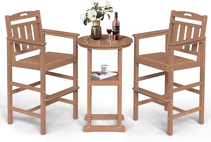 Ciokea Balcony Chairs and Table 3 Pieces Set, Outdoor High Top Bar Set, HDPE Oversized Adirondack Bar Chairs Set of 2 and Round Table for Outside Dining Bistro Poolside Backyard, Teak