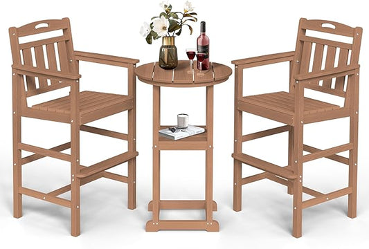 Ciokea Balcony Chairs and Table 3 Pieces Set, Outdoor High Top Bar Set, HDPE Oversized Adirondack Bar Chairs Set of 2 and Round Table for Outside Dining Bistro Poolside Backyard, Teak