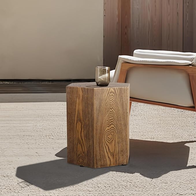 Afterglow Outdoor Hexagonal Side Table, Terrafab Material Natural Decorative Garden Stools, Unique End Table for Living Room Bedroom Patio Home Decor