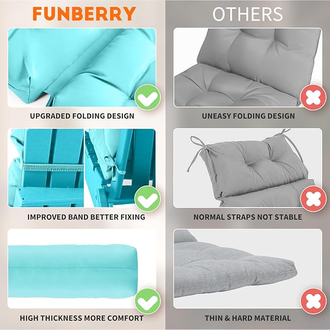FUNBERRY Patio Chair Cushions Set of 4, Thicken Comfy Cushions for Rocker Non Slip Fade Shield Waterproof High Back with Ties