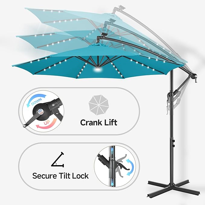 Solar Offset Patio Umbrella - 10 ft Solar Cantilever Umbrella Outdoor with 40 LED Lights and Cross Base, UV Protection for Garden, Deck, Backyard, Pool, Porch (Aqua Blue)