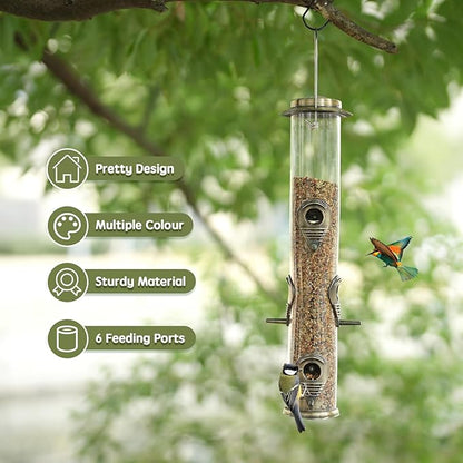 Metal Bird Feeder Tube Hanging Wild Bird Seed Feeder Aluminum Six Port Bird Feeders,1.4 mm Extra Thick Solid Tube Transparent with Steel Hanger Great for Attracting Birds (Bronze 2PK)