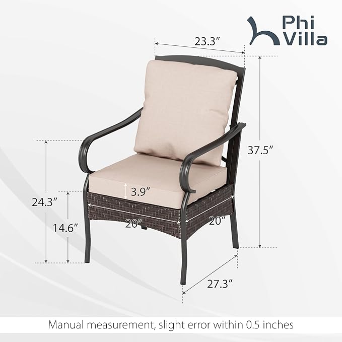 PHI VILLA Patio Chairs Set of 6, Heavy Duty Outdoor Metal Wicker Dining Chair with Thick Cushions, Large All Weather Wrought Iron Deck Chair for Outisde, Porch Backyard, Support 300lbs