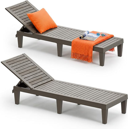 Outdoor Lounge Chair Set of 2, 5-Positions Adjustable Patio Chaise Lounges, Waterproof Tanning Chairs for Poolside, Backyard, Scratch-Resistant & Easy to Clean (Grey Striped, Set of 2)