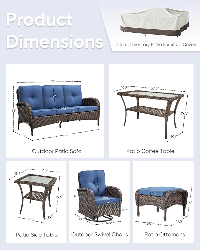 7 Pieces Patio Furniture-Swivel Patio Chairs Set of 2 Outdoor Wicker Rattan Sofa Couch with Ottoman Outdoor Conversation Set for Deck Porch Garden Balcony Poolside-Brown/Blue