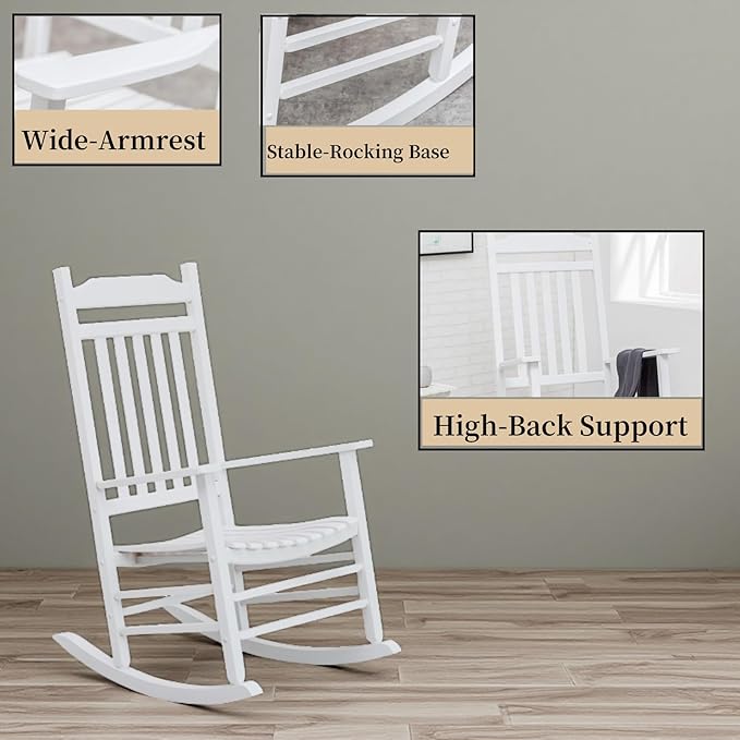 Patio Outdoor Rocking Chairs Small Foldable Side Table Set of 3 Piece Porch Wooden Comfy Rockers Folding End Table Furniture Indoor Outside Camping Balcony Lawn and Bistro, White