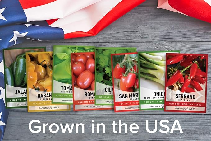 Gardeners Basics, Heirloom Hot Salsa Growing Seed Packets 8 Varieties Habanero, Jalapeno, Serrano Peppers, Roma, San Marzano Tomato, Cilantro, Green Onion, Tomatillo for Garden Non-GMO Heirloom